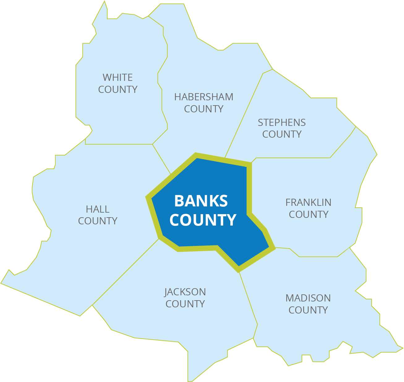 Map of Banks county and the surrounding counties (White, Habersham, Stephens, Franklin, Madison, Jackson, and Hall county)
